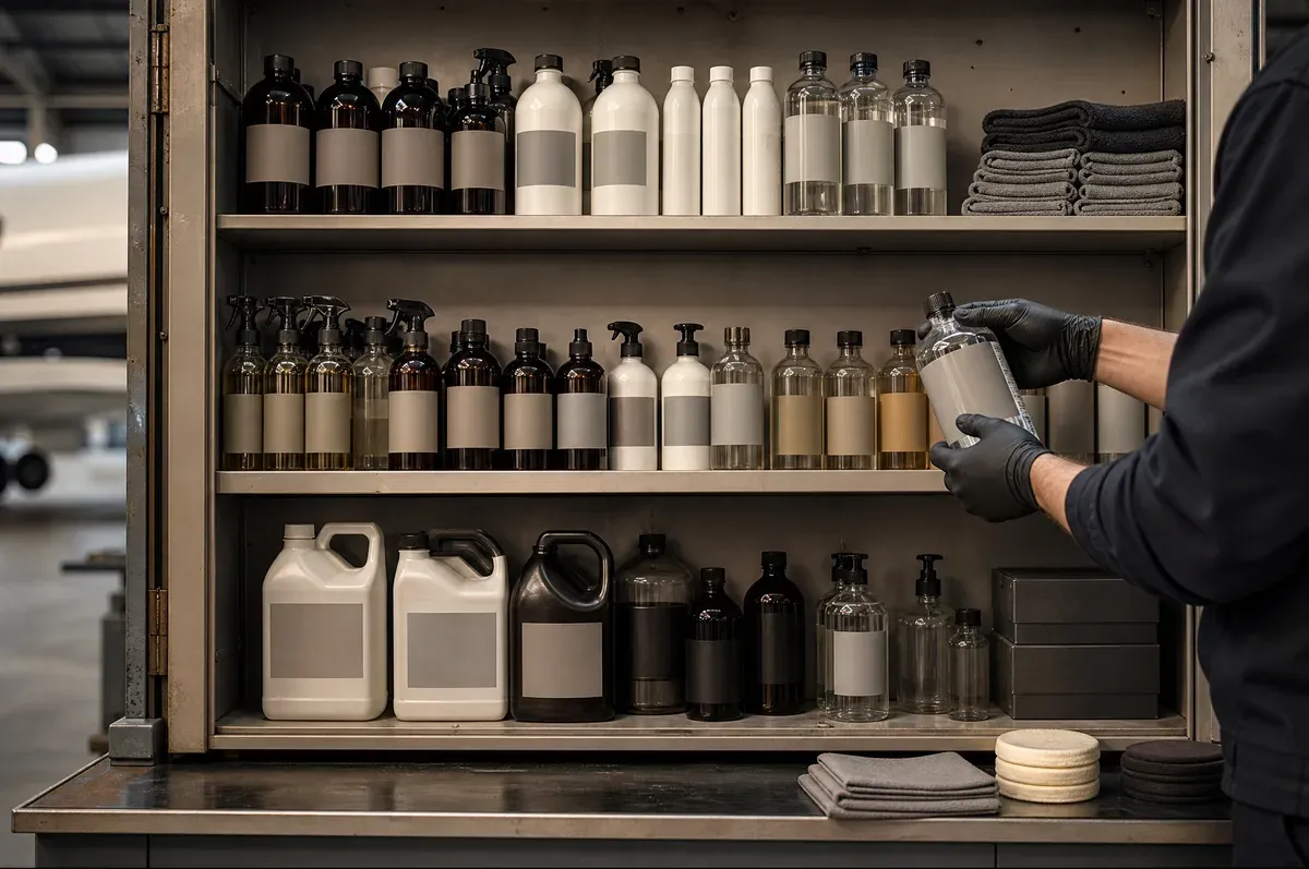 Shelves of aviation detailing chemistry stood in ordered rows in a workshop cabinet