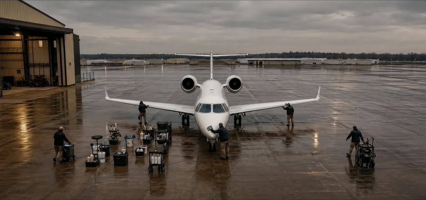 An aircraft detailing crew working a business jet on the ramp, seen from above