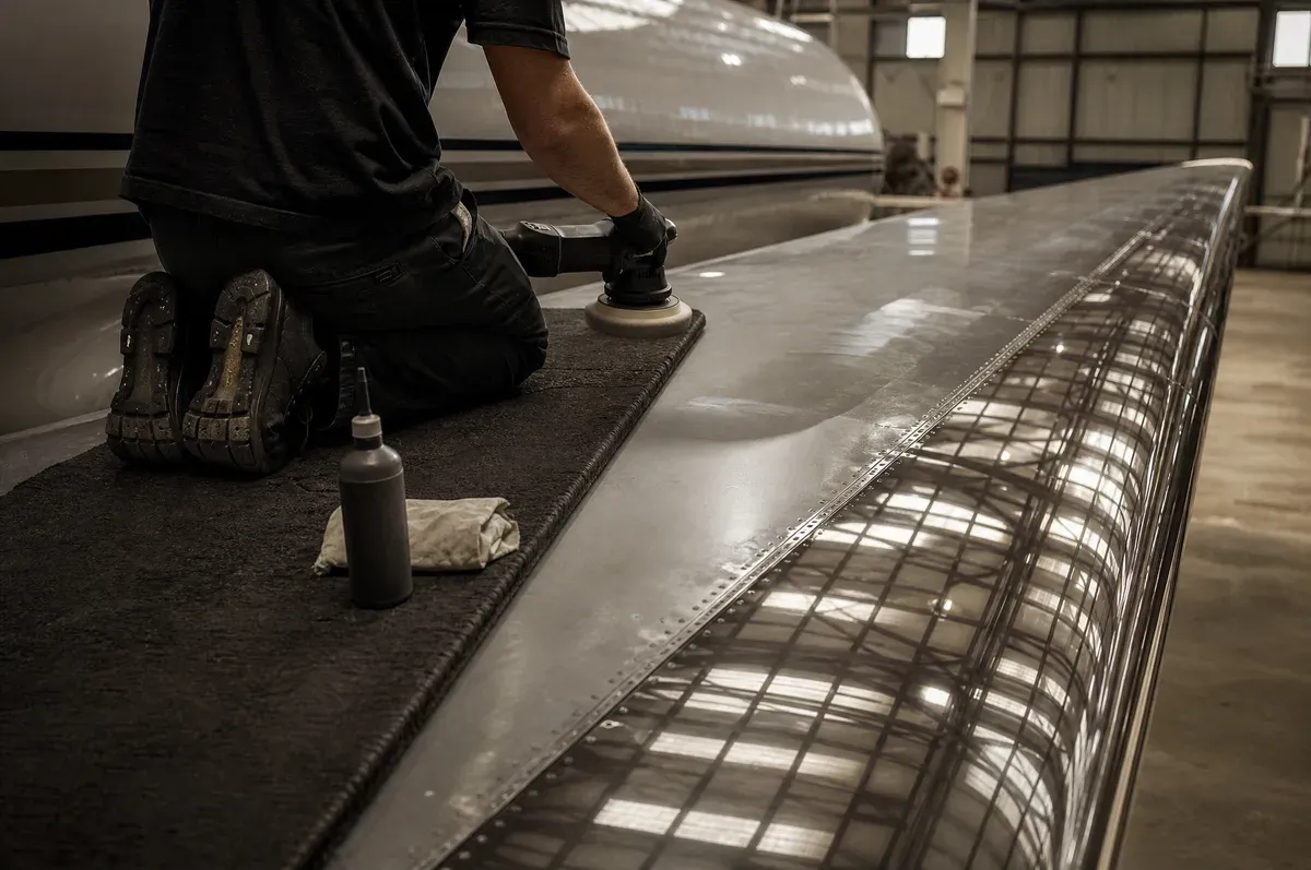 A technician kneeling on a wing mat polishing the upper wing surface