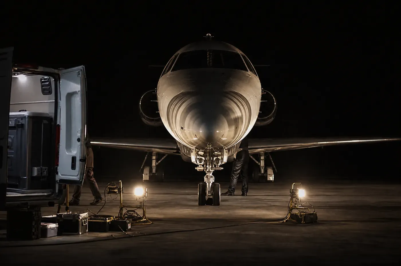 A business jet nose-on in a hangar at night under portable floodlights