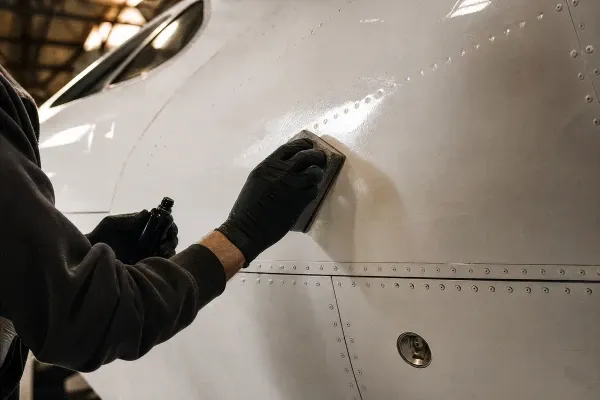 Certified technician applying aircraft ceramic coating to a business jet fuselage panel