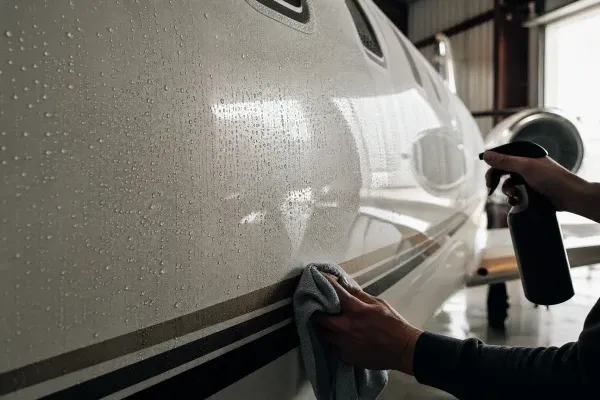 Water beading on a ceramic coated business jet fuselage after aircraft ceramic coating in the Northeast