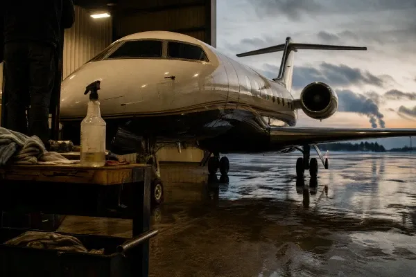 Business jet on a Northeast ramp showing the exhaust and weather exposure aircraft ceramic coating protects against