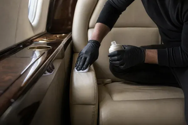 Certified aircraft detailer conditioning a leather armrest beside polished wood veneer in a private jet cabin