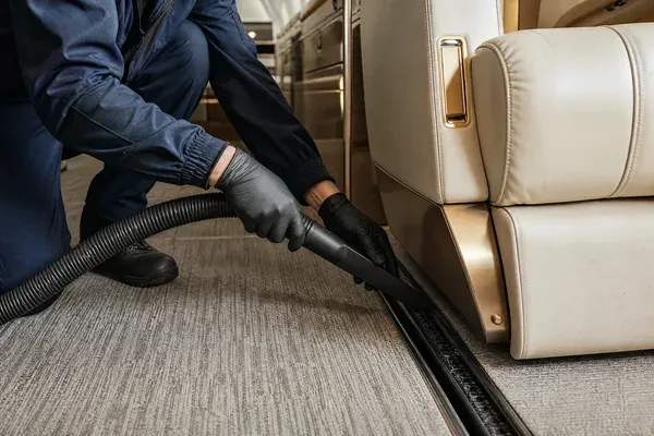 Aircraft detailer vacuuming debris from a private jet seat rail and carpet edge at Teterboro