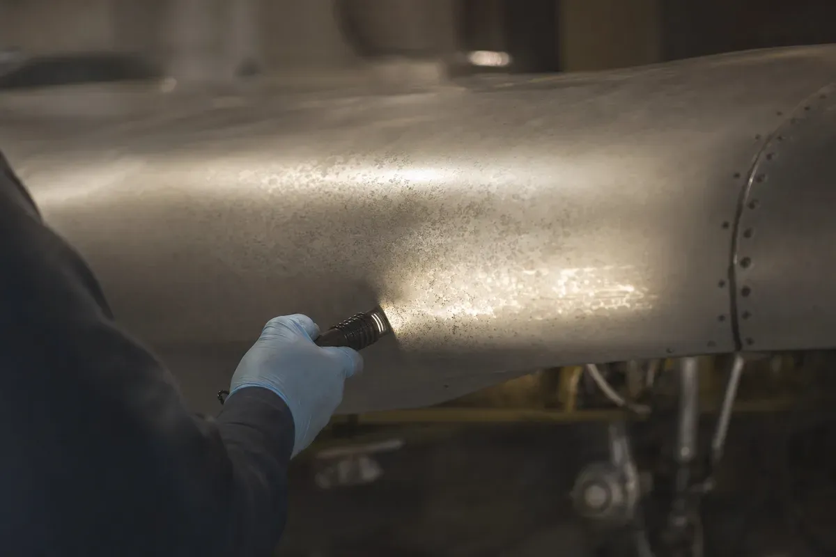 An inspection light raking across an oxidised aluminium leading edge