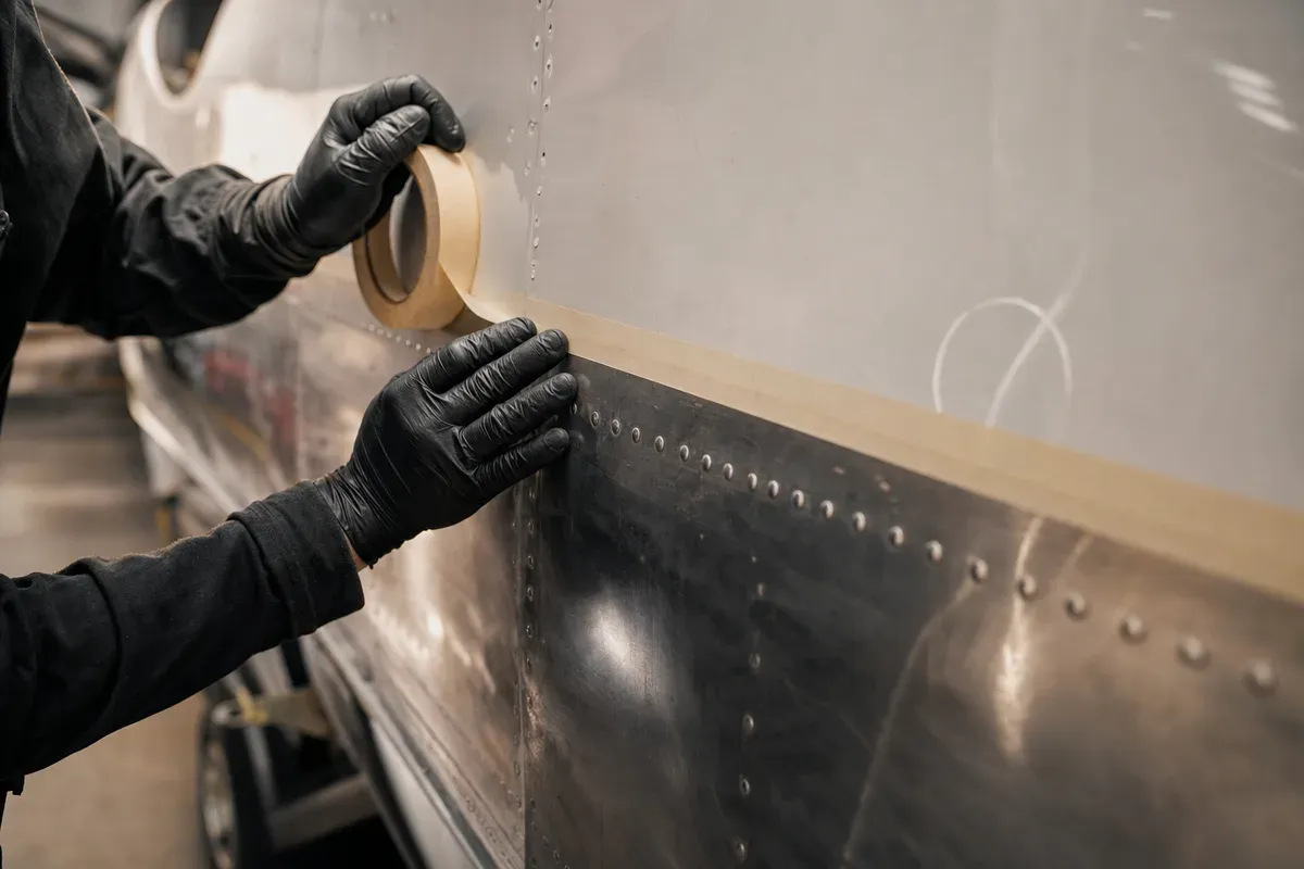 Masking tape laid along the boundary between painted fuselage and bare polished aluminium