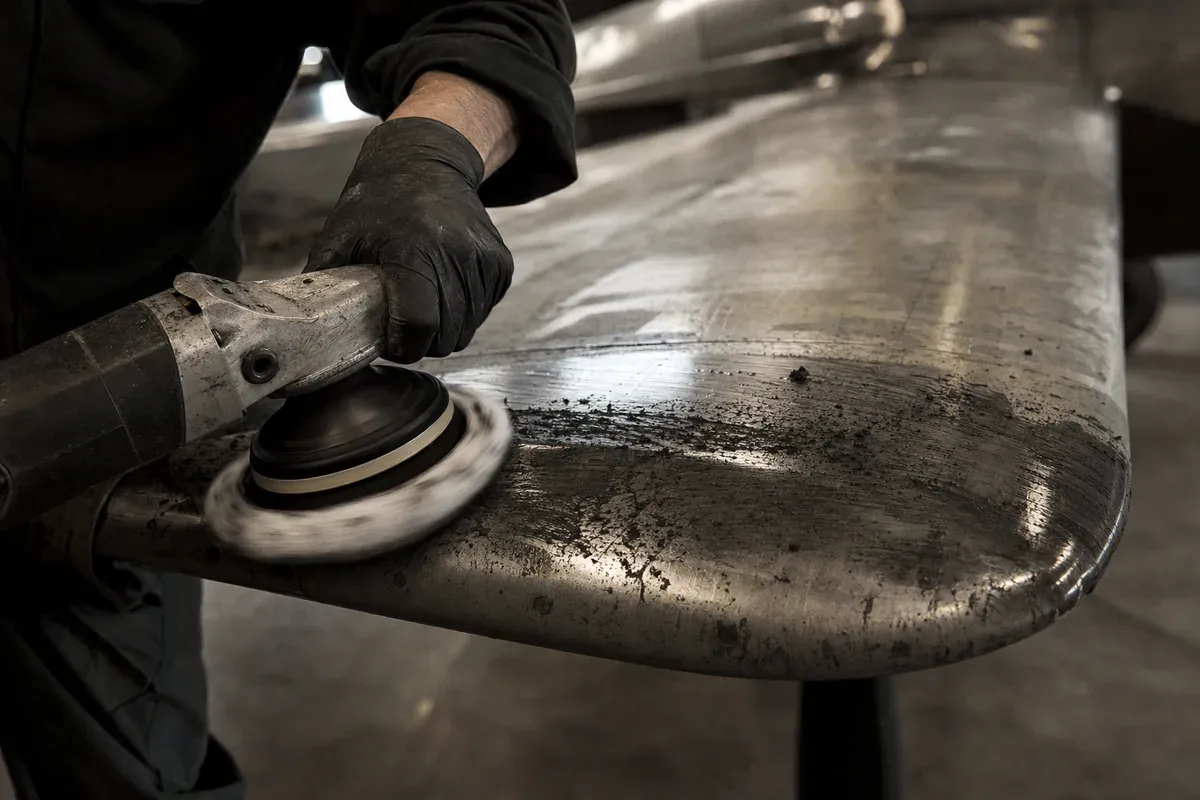 A wool pad and cutting compound working an oxidised aluminium leading edge
