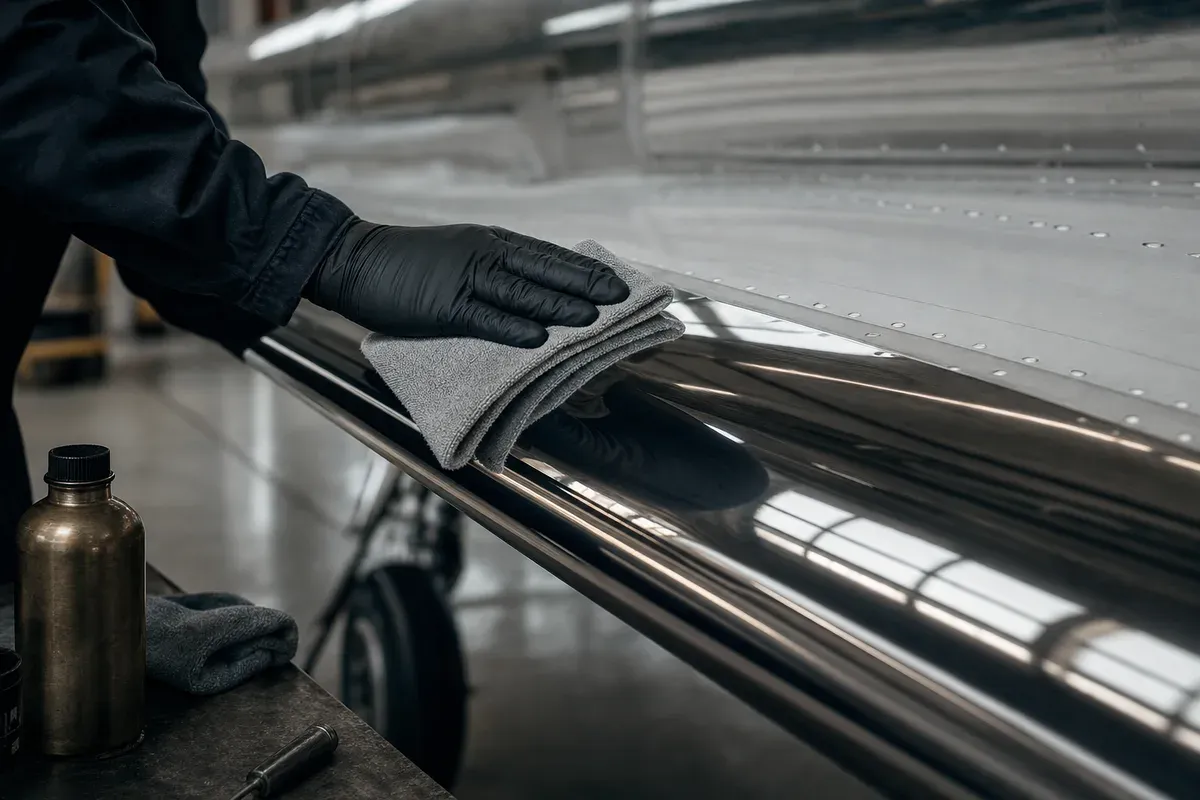 A microfibre cloth drawn across a mirror-finished aluminium leading edge