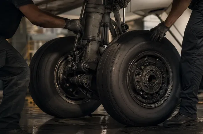 Brake dust accumulated on a jet main landing gear wheel and hub
