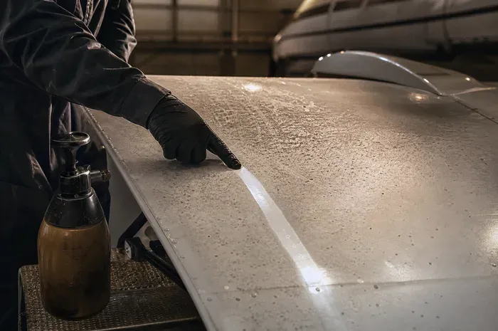 A film of industrial fallout on a wing with a clean fingertip swipe through it