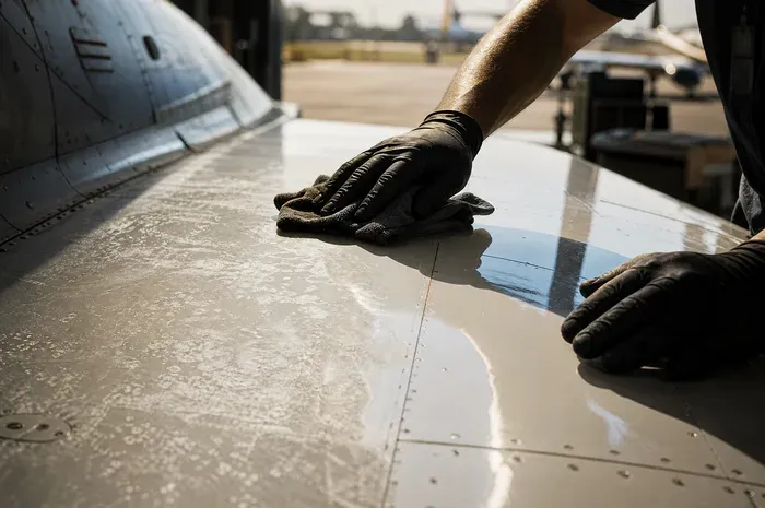 A chalky patch of oxidised aircraft paint beside a still-glossy section