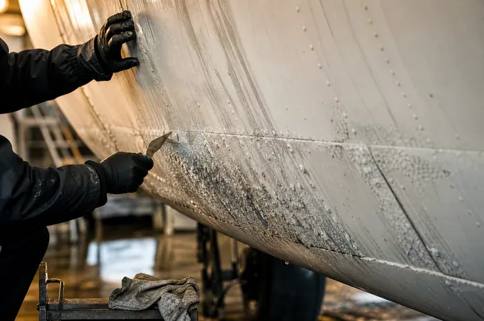 Dried deicing fluid residue crusted along an aircraft leading edge