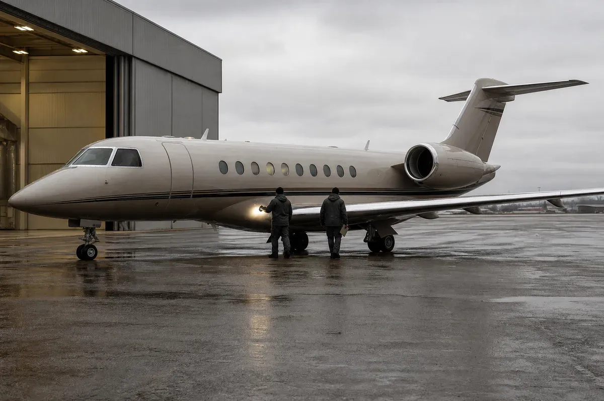 Two technicians walking the length of a parked business jet during inspection
