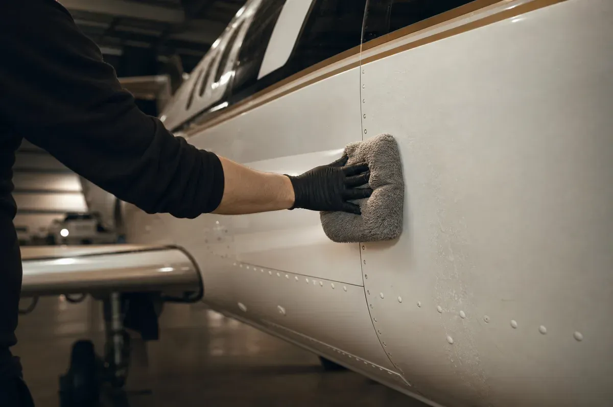 A microfiber mitt drawn across a fuselage panel during a waterless dry wash
