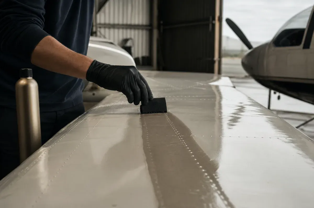 A foam applicator laying sealant along the upper surface of a white wing