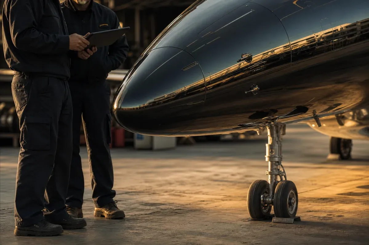 Two people at the nose of a finished business jet during the post-service walk