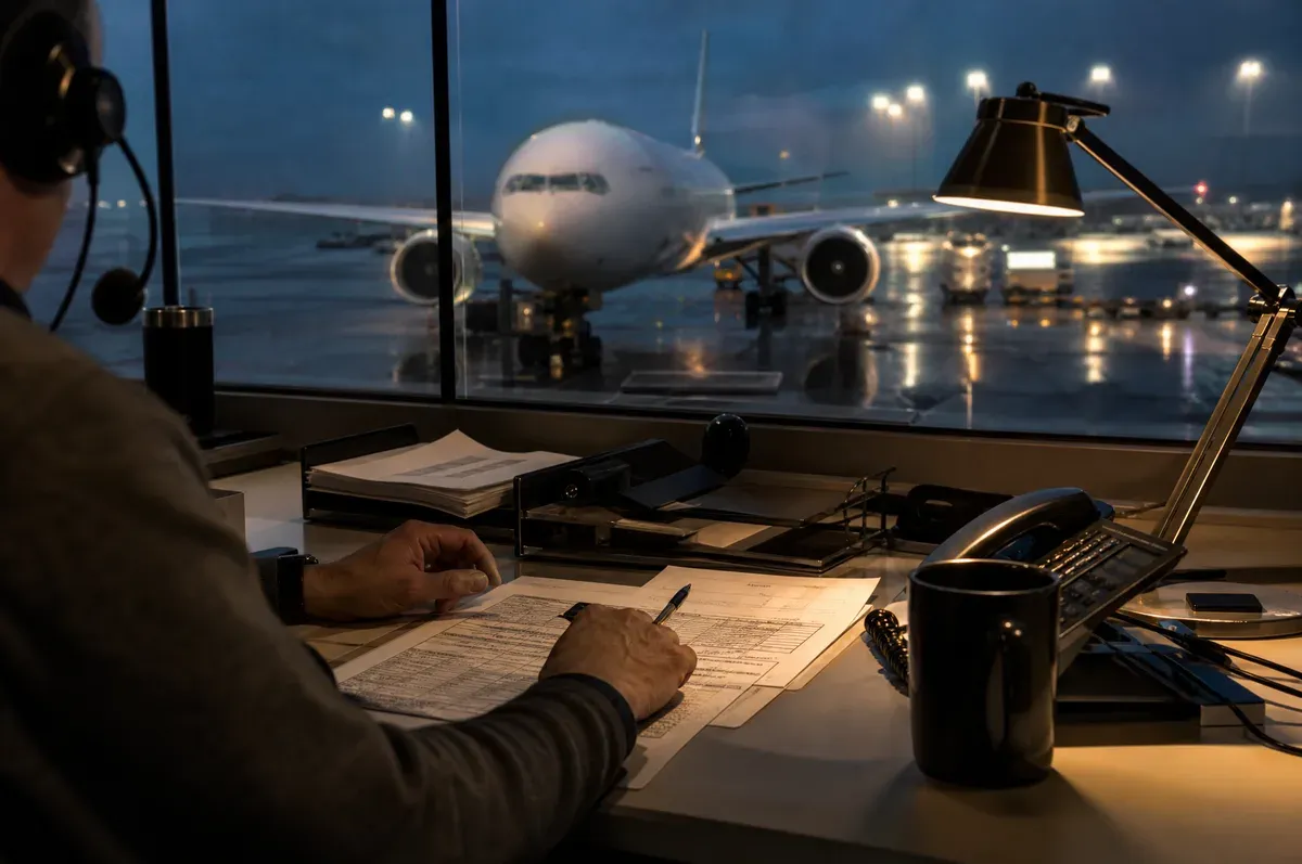 A scope call taken in a flight department office overlooking a jet on the ramp