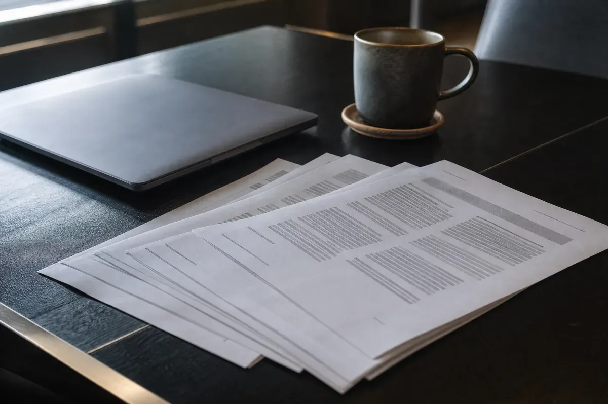 A printed scope and timeline fanned across a dark meeting table
