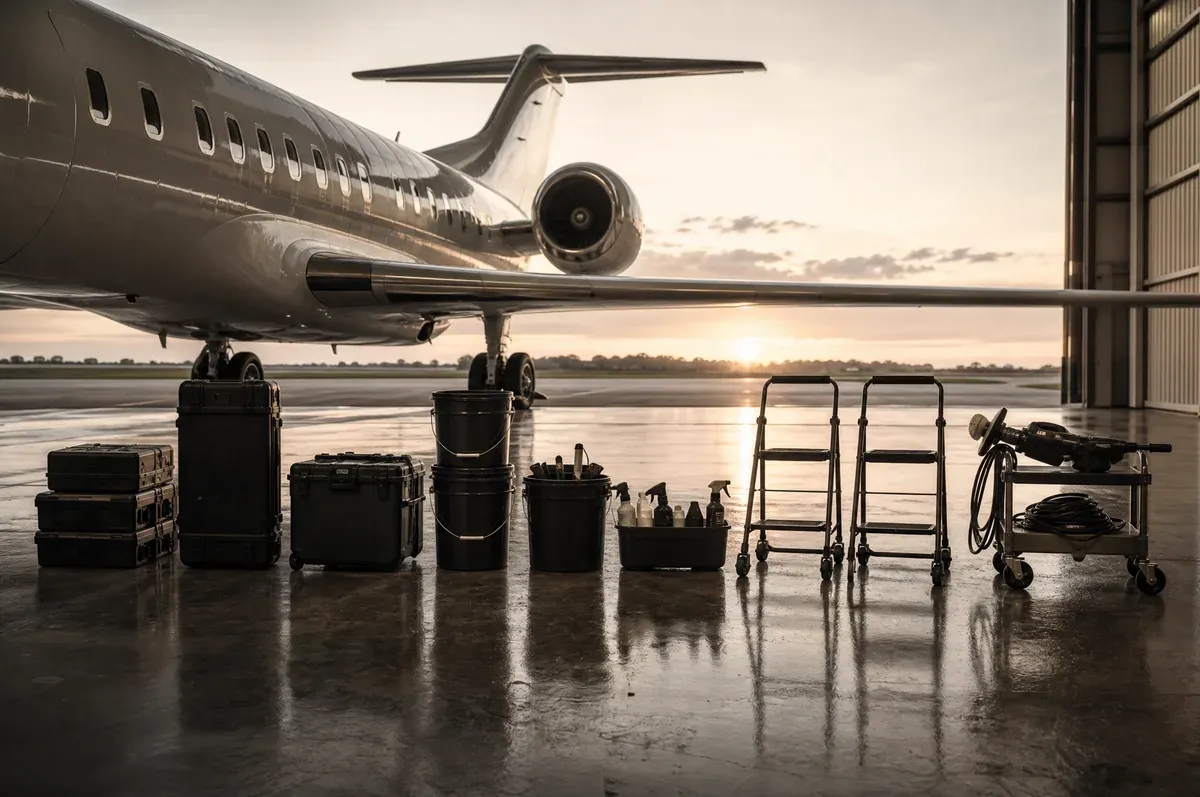 Detailing equipment staged in a hangar beside a large-cabin jet at first light