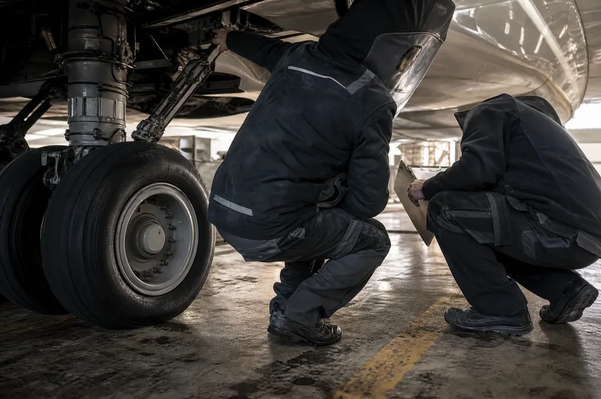 A lead technician and client inspecting the landing gear area of a finished jet