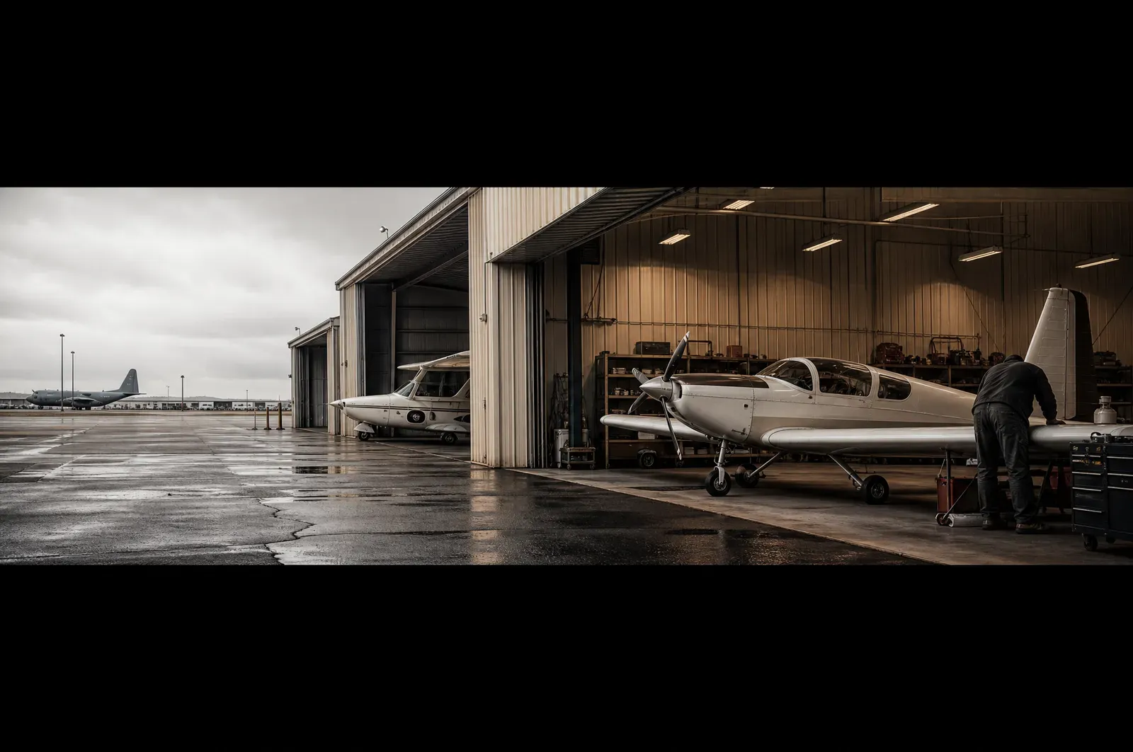 A working general aviation apron with open hangars and a cargo ramp beyond