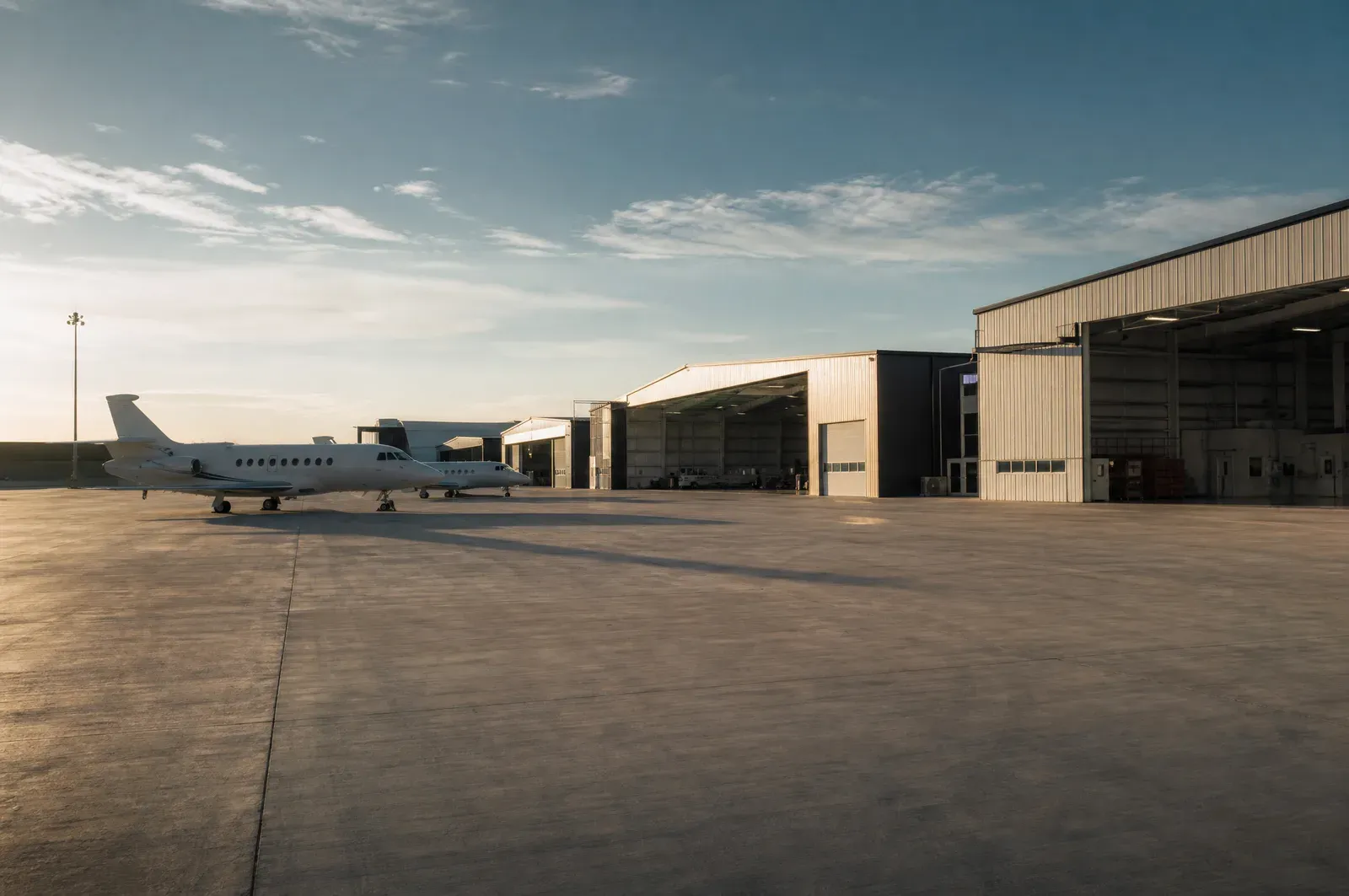 An open FBO apron with hangars along the far edge and two parked jets