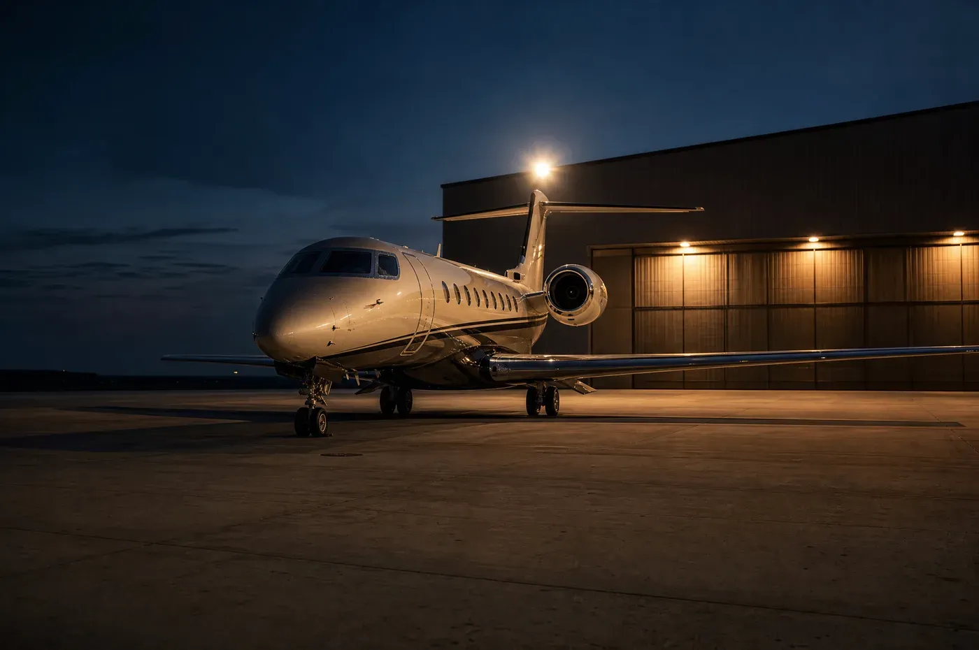 A single jet on an empty ramp at dusk under FBO floodlights