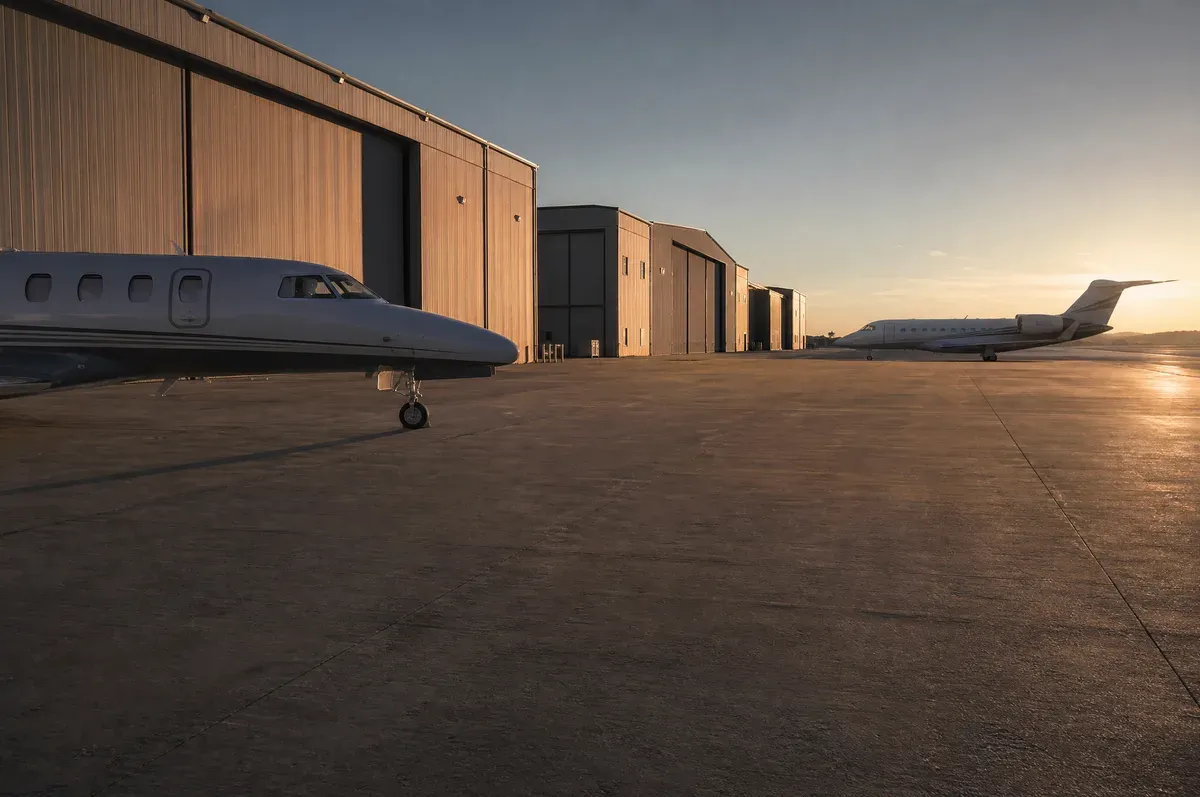 A quiet general aviation ramp at first light with two jets parked well apart