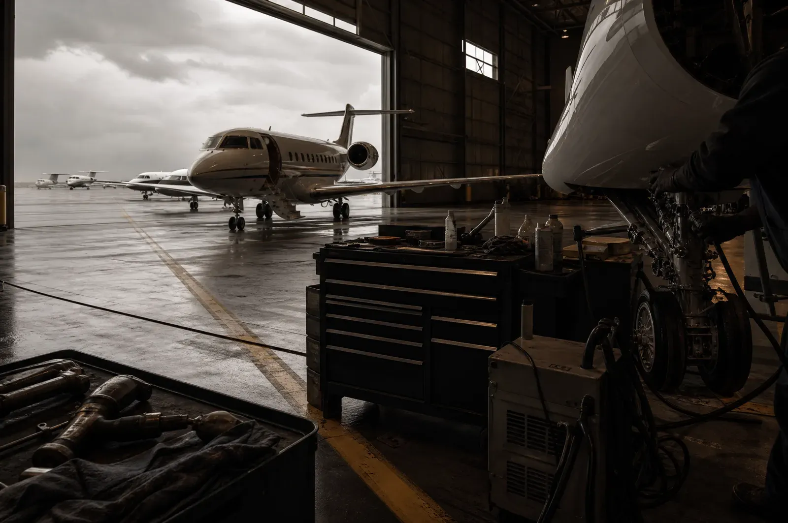 A long FBO apron with a line of business jets receding into the distance