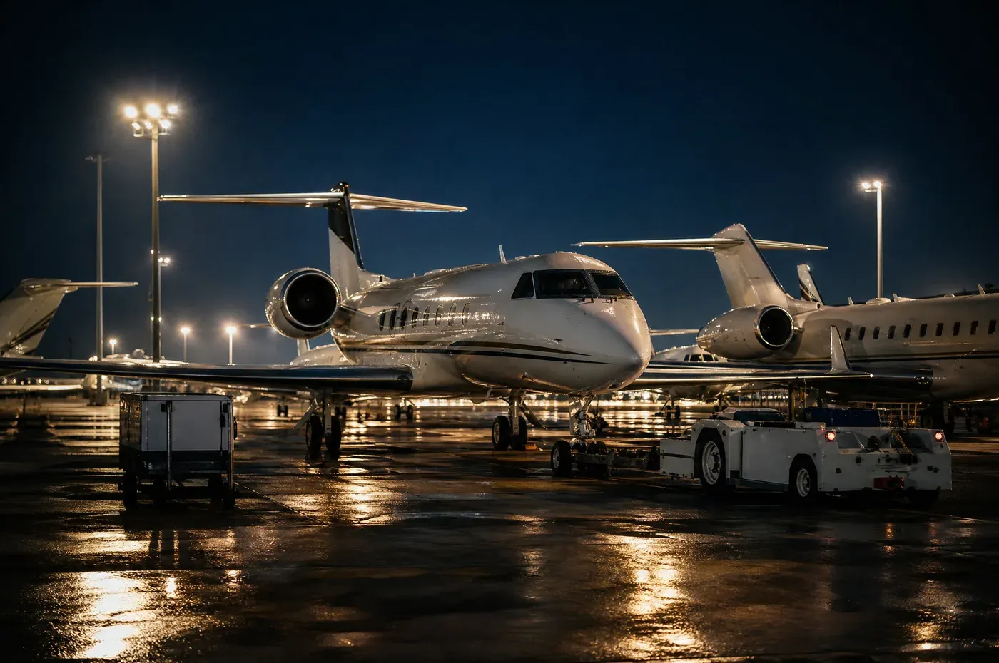 Business jets parked close together under apron floodlights at dusk