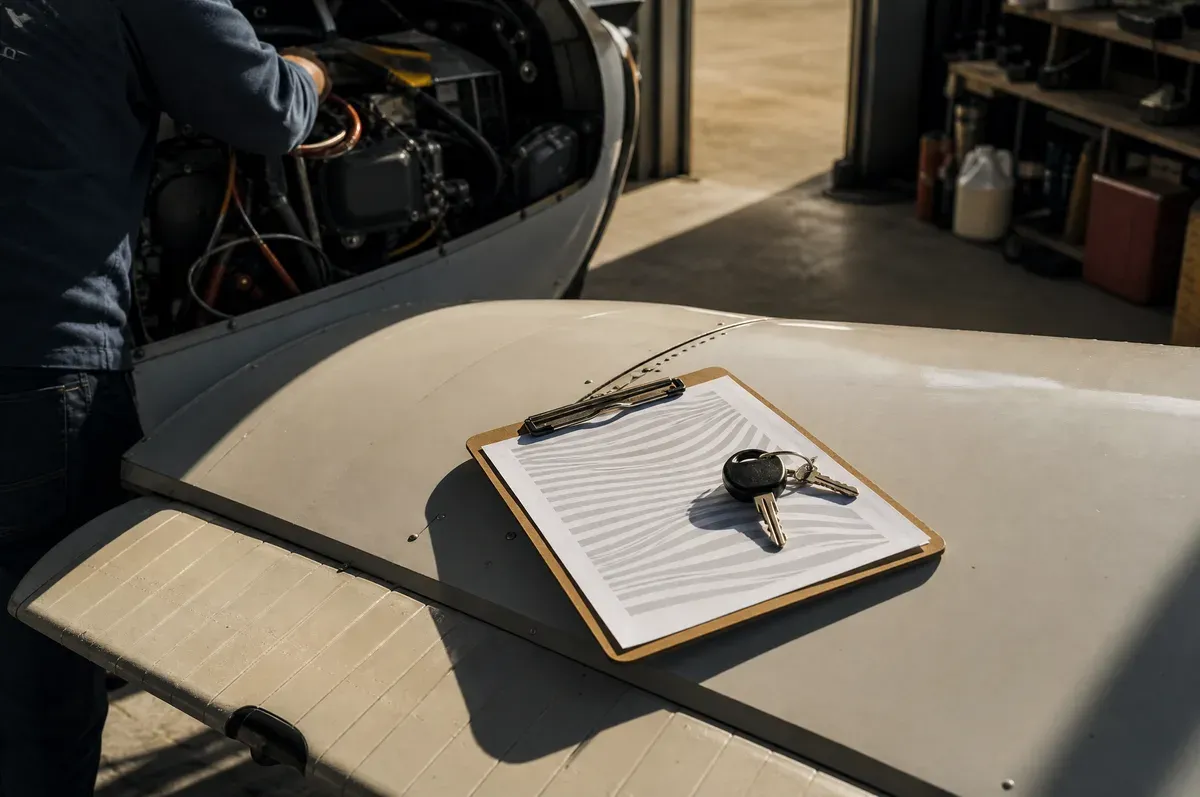 A printed quote on a clipboard resting on the sunlit wing of a light aircraft