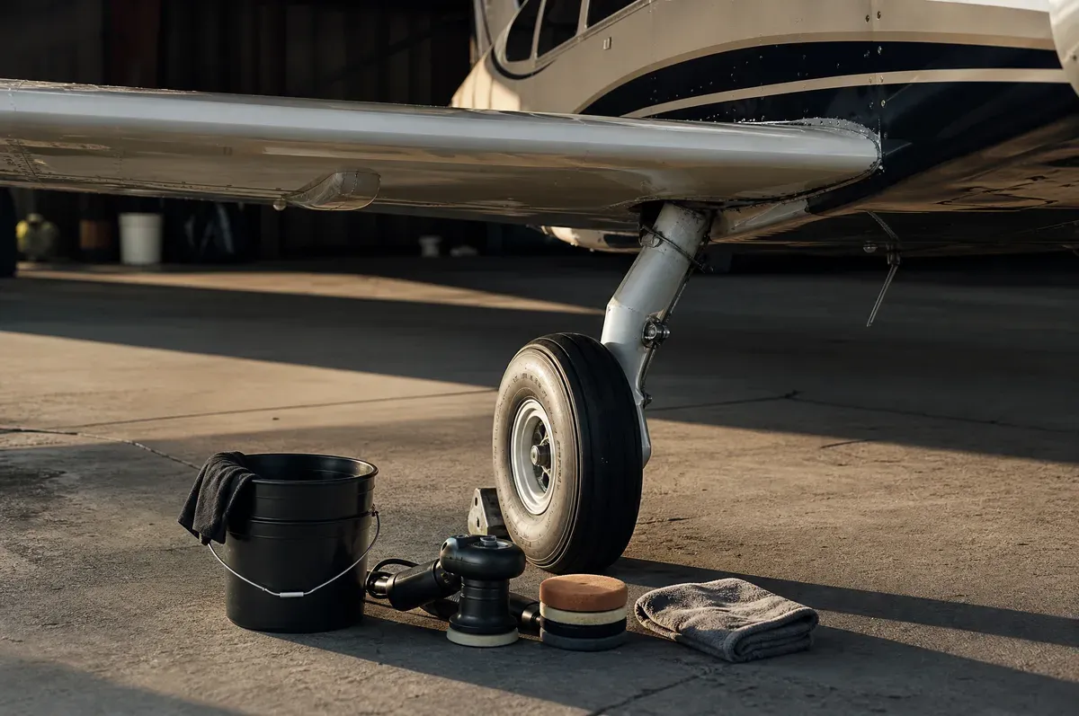 A compact detailing kit set down beside the wheel of a light aircraft