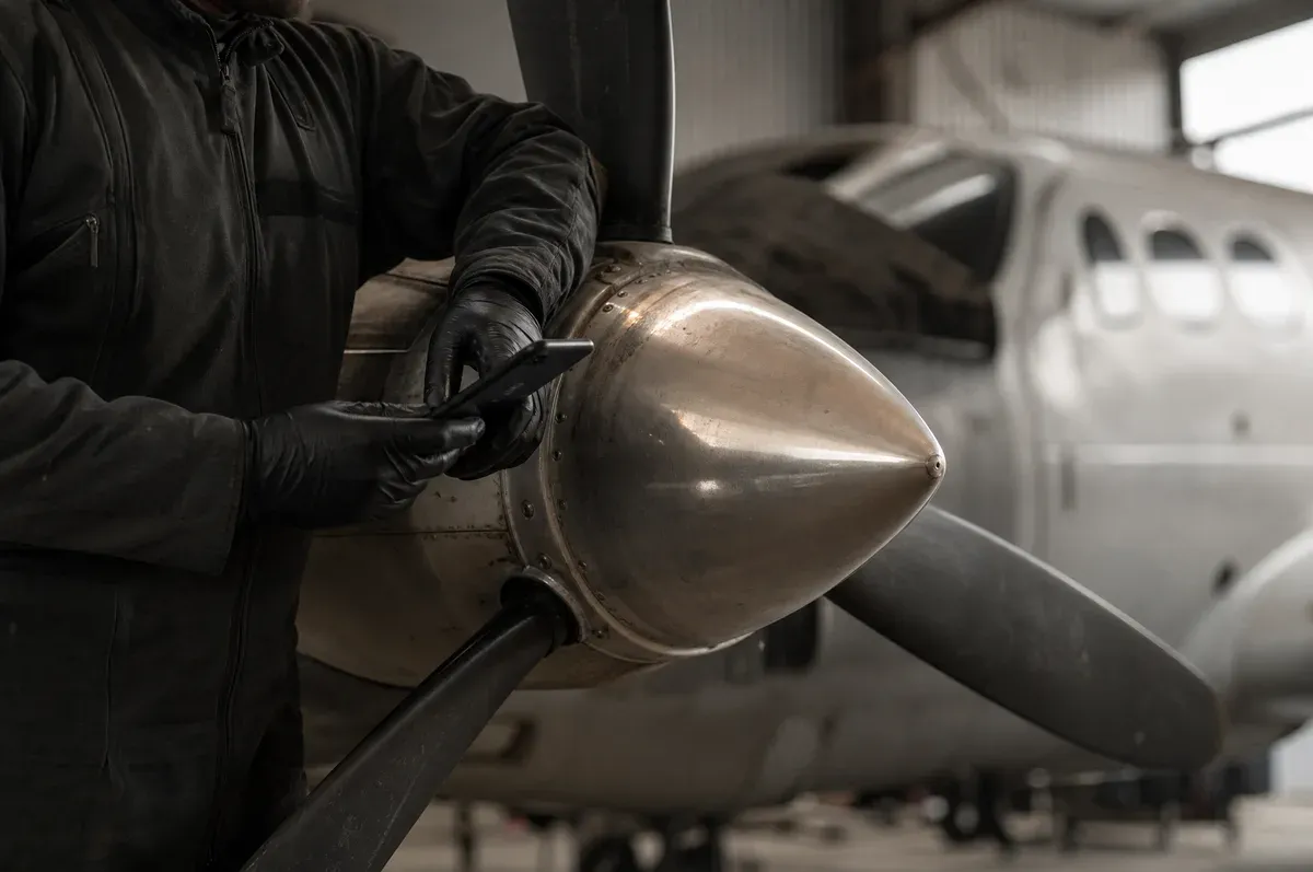 A scope call taken standing at the propeller hub of a turboprop
