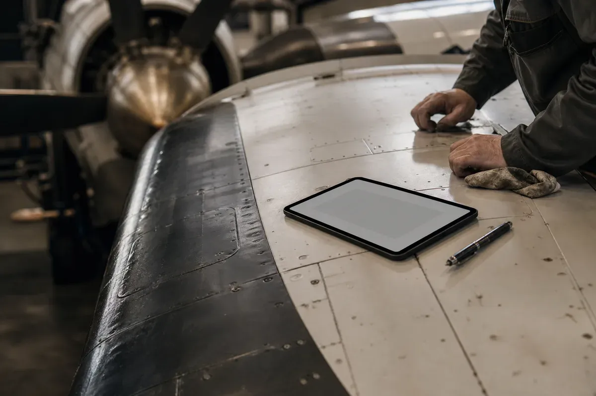 A tablet resting on a turboprop wing beside the leading edge boot