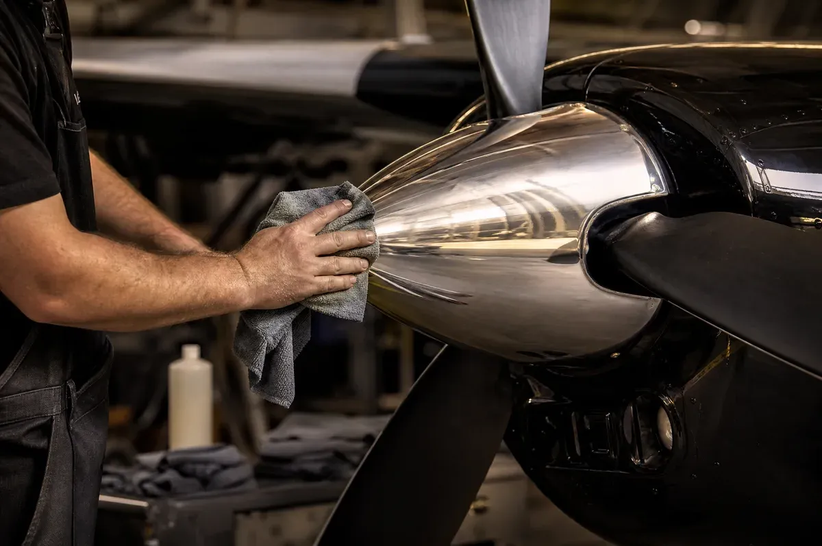 A technician hand-polishing a turboprop spinner beside the propeller blade