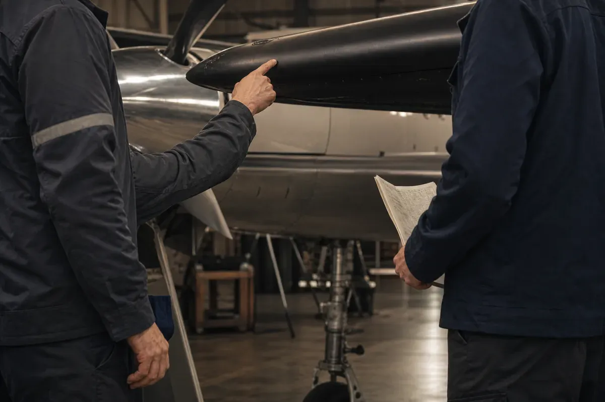 Two people inspecting the finished leading edge boot of a turboprop
