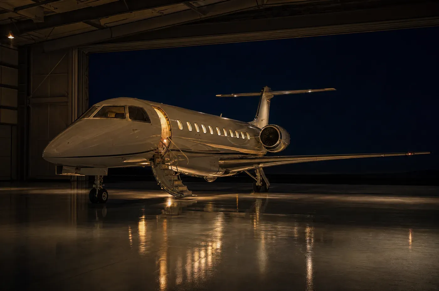 A finished business jet in a lit hangar at night with the doors open to the ramp