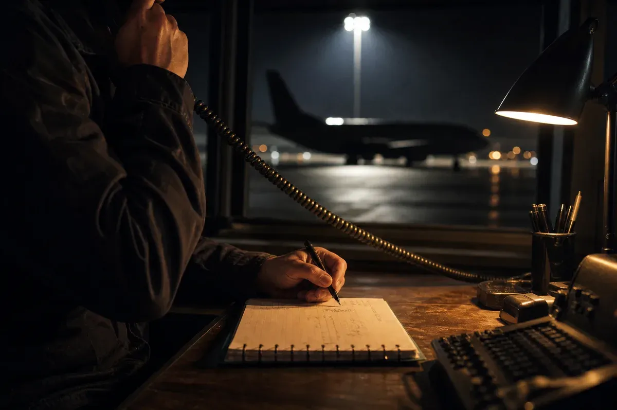 A night dispatch call taken beside a window overlooking a floodlit ramp