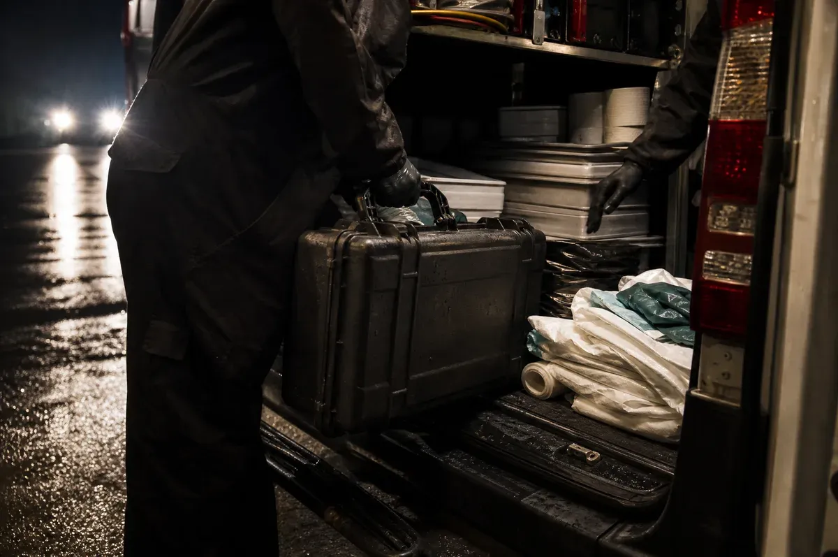 Equipment cases loaded into a service van at night for an AOG dispatch