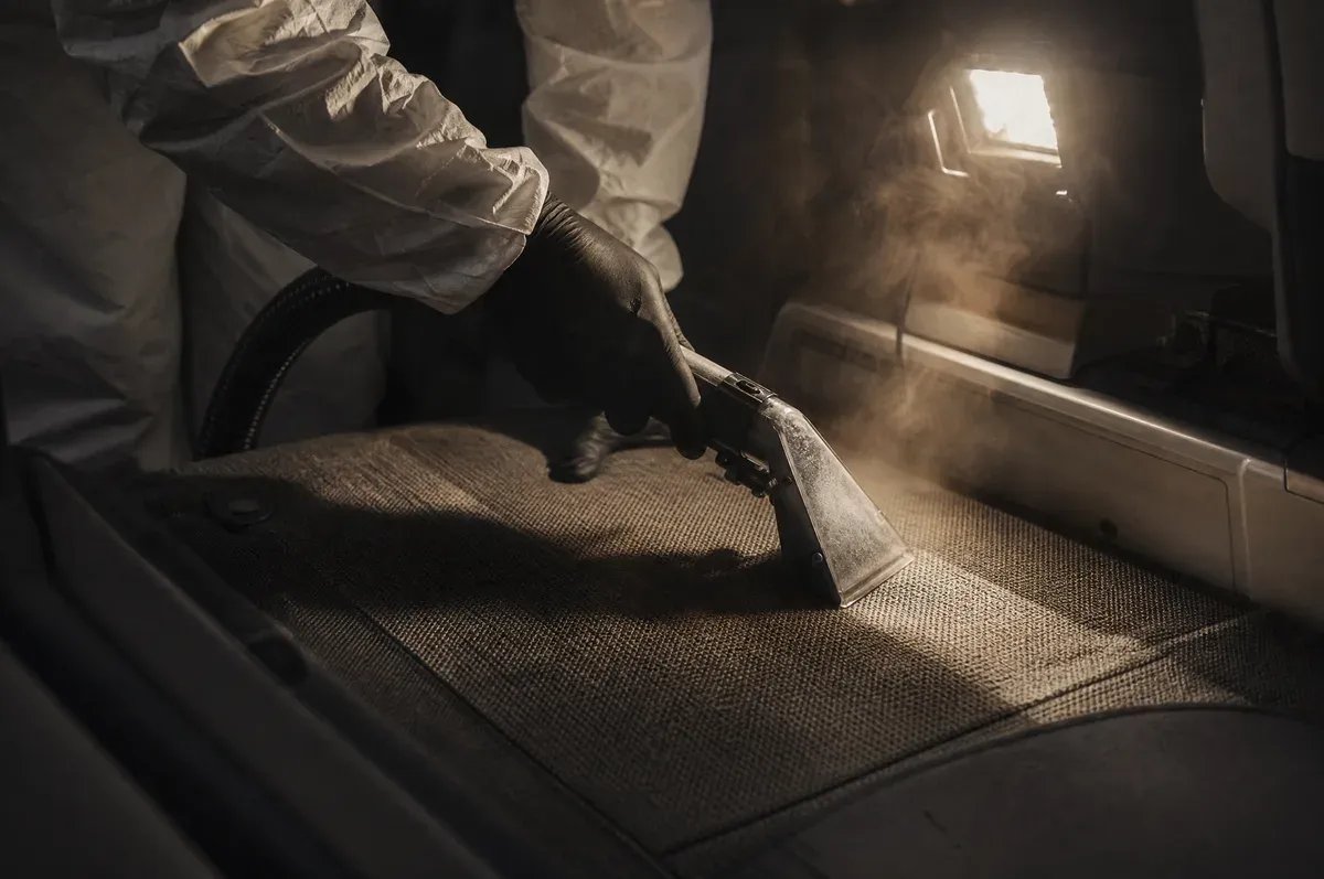 Deep cleaning a cabin seat base under a work light during an AOG call
