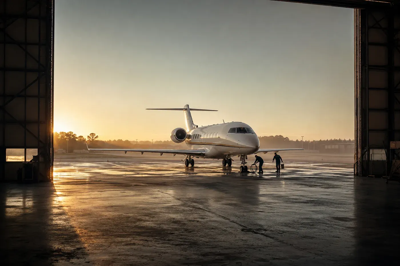 Two technicians beside a business jet on the ramp at sunrise, seen through open hangar doors