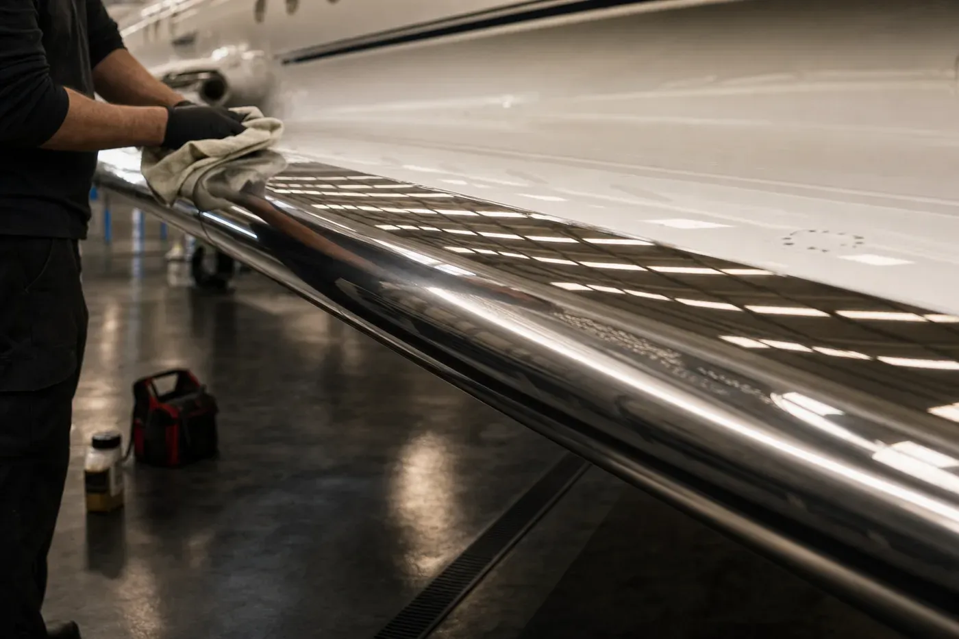 A mirror-polished aluminium wing leading edge reflecting hangar lighting