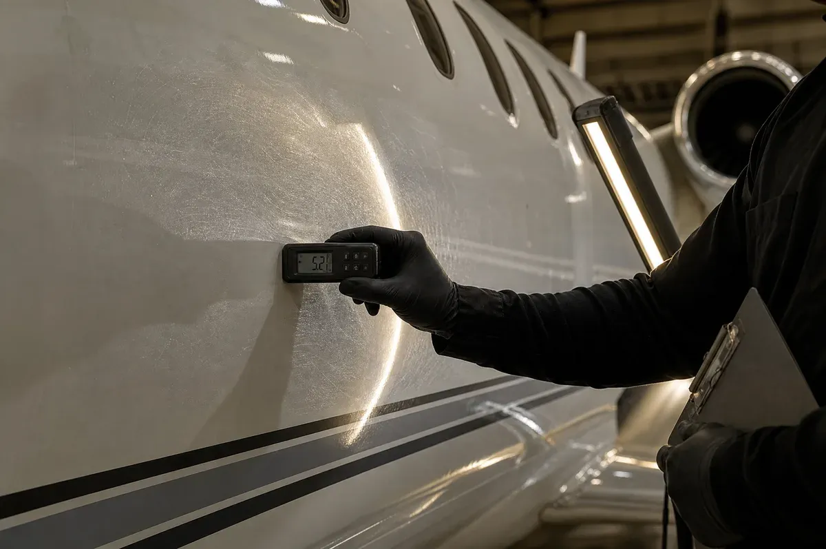 A paint-depth gauge held against a business jet fuselage under raking inspection light