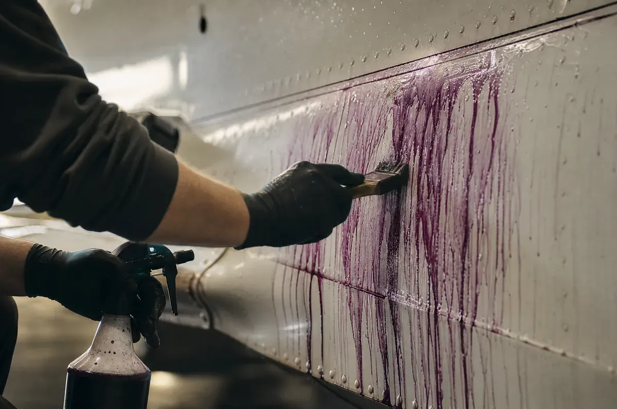 Iron decontamination chemistry bleeding purple down a white aircraft panel