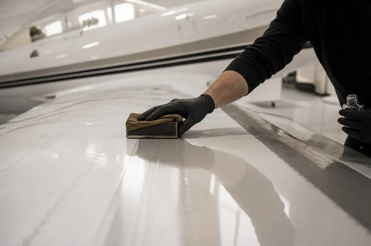 A suede applicator block laying a wet ceramic coating film across a wing surface
