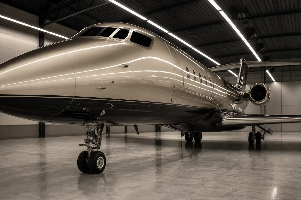 A freshly coated business jet alone in a closed hangar, light bars mirrored down the fuselage