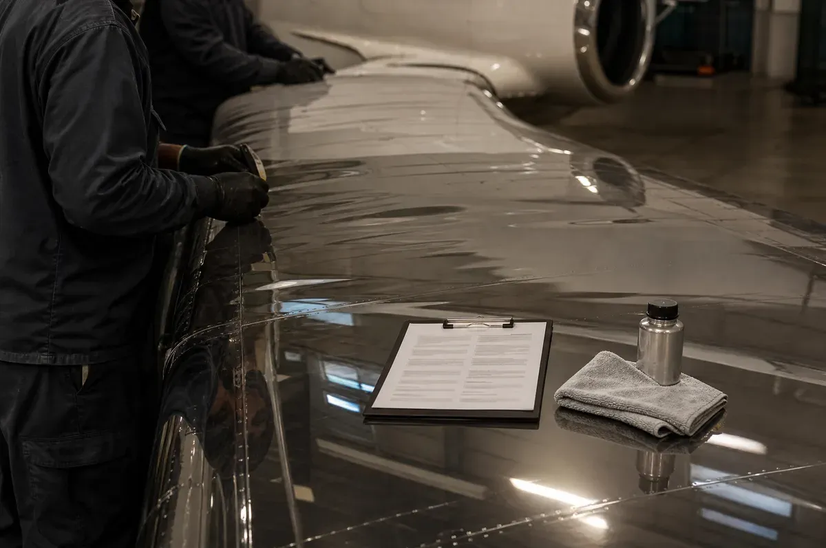 A service record on a clipboard resting on a freshly coated wing surface
