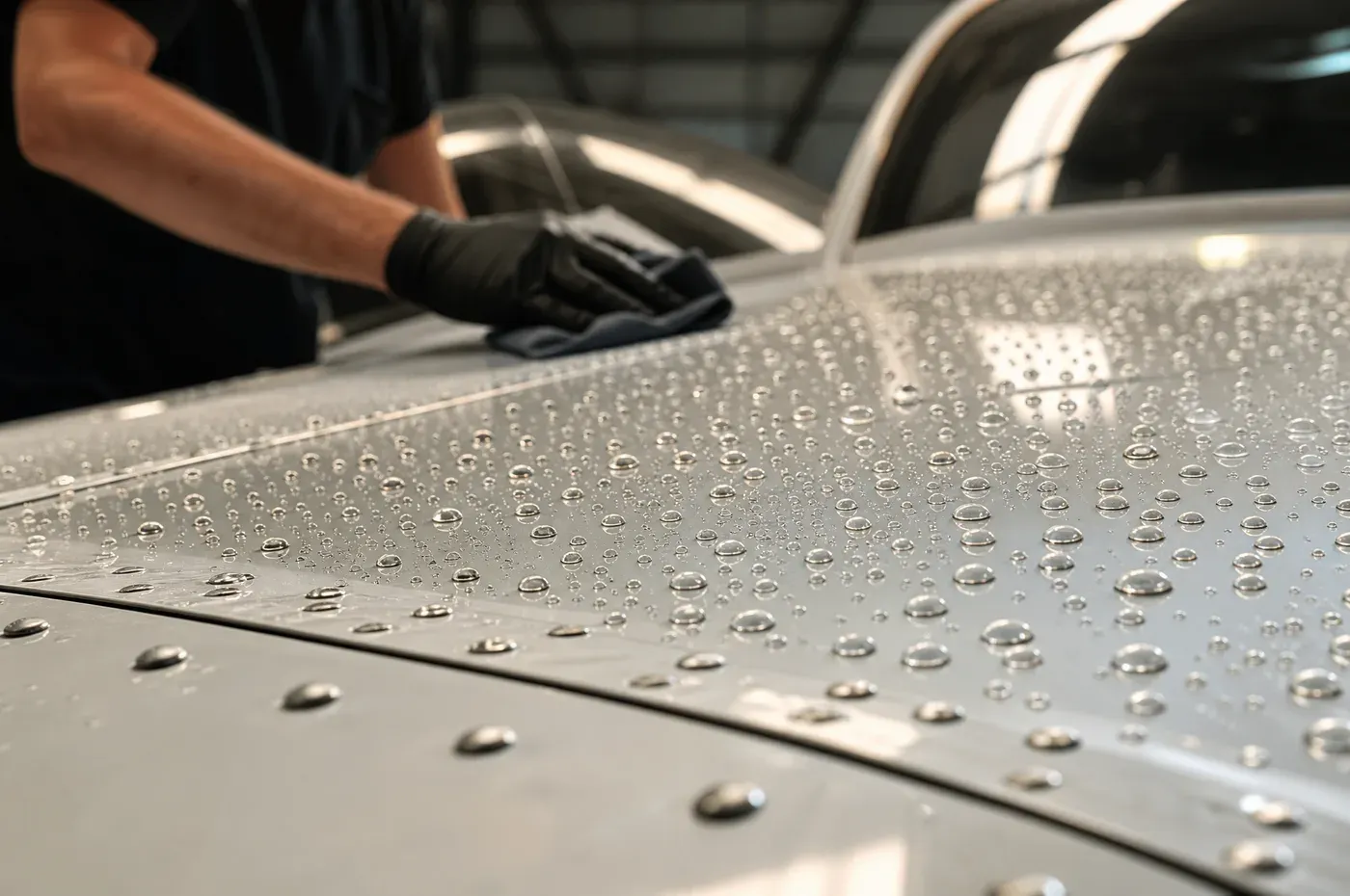 Water beading tightly on a freshly ceramic-coated aircraft panel