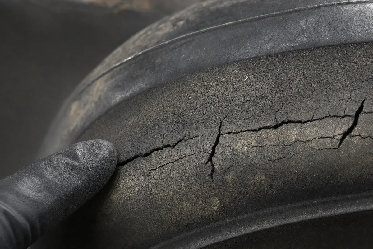 Close view of aged de-ice boot rubber showing surface cracking